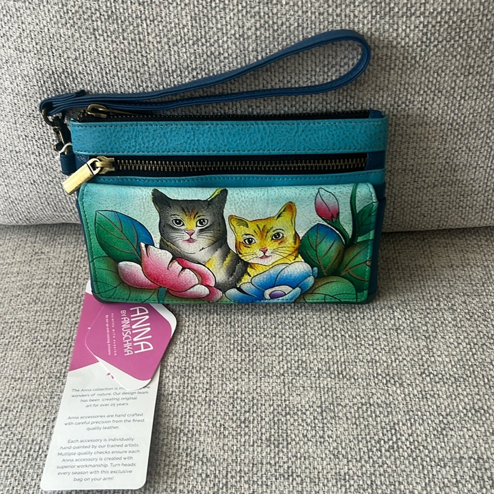 NWT Anna by Anuschka Leather Hand Painted Wristlet Wallet Organizer $88